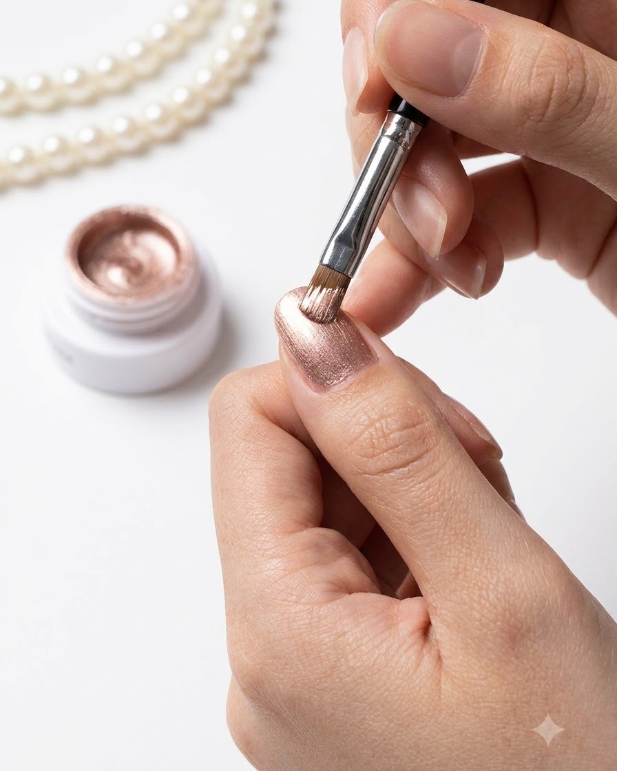 Un bastoncino magnetico tenuto direttamente sopra il pollice con gel cat-eye umido per modellare le particelle.