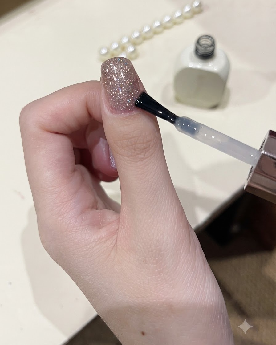 Un pennello che applica uno strato di top coat chiaro e lucido su un design di unghie glitterate scintillanti.