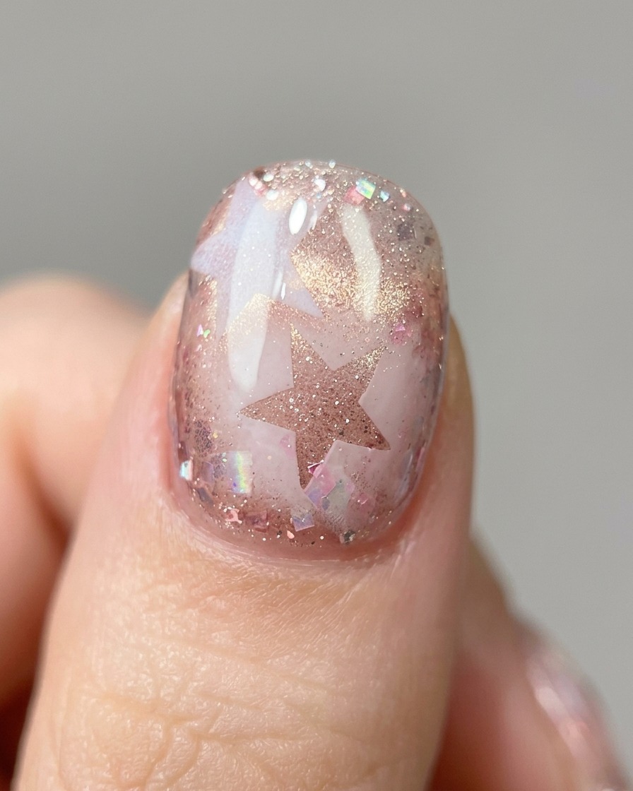 Una pinzetta che posiziona un adesivo a stella metallico su ununghia decorata in gel.