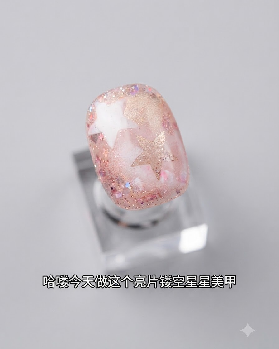 Una spugnetta che tampona leggermente il gel colorato solido sopra uno stencil a stella posizionato sulla superficie dellunghia decorata.