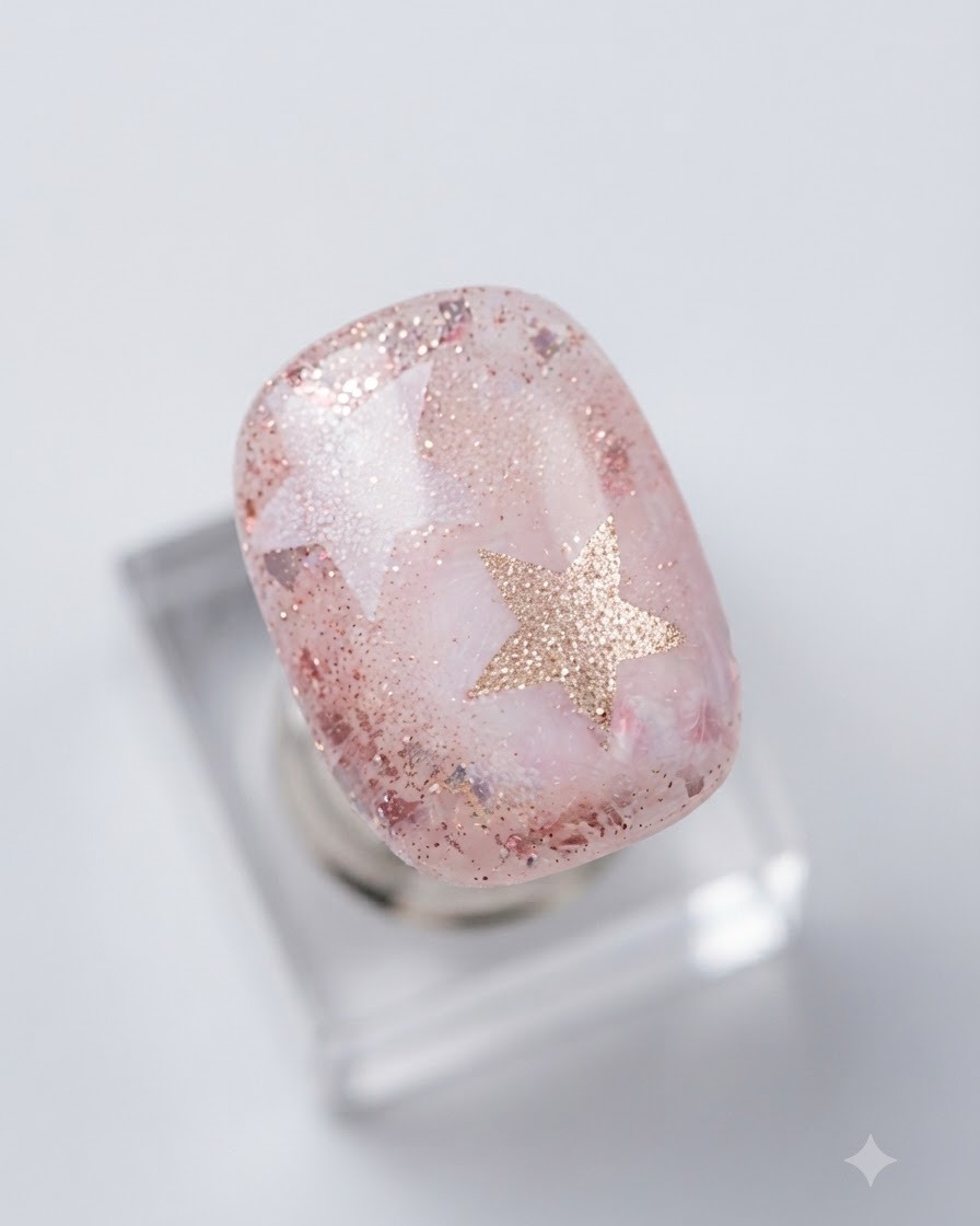 Un pennello che fa scivolare uno strato di top coat ad alta lucidità sulla nail art finita con stelle vuote e glitter.