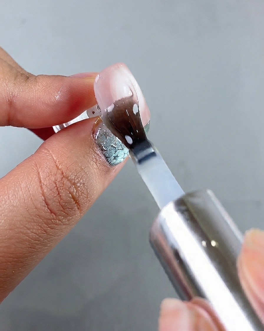 Un pennello che applica un top coat sigillante trasparente sopra lunghia cat eye polimerizzata.