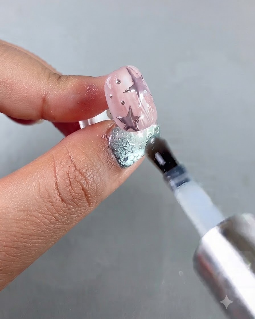 Un pennello che applica un top coat trasparente su ununghia rosa decorata con stelle viola e pois argentati.