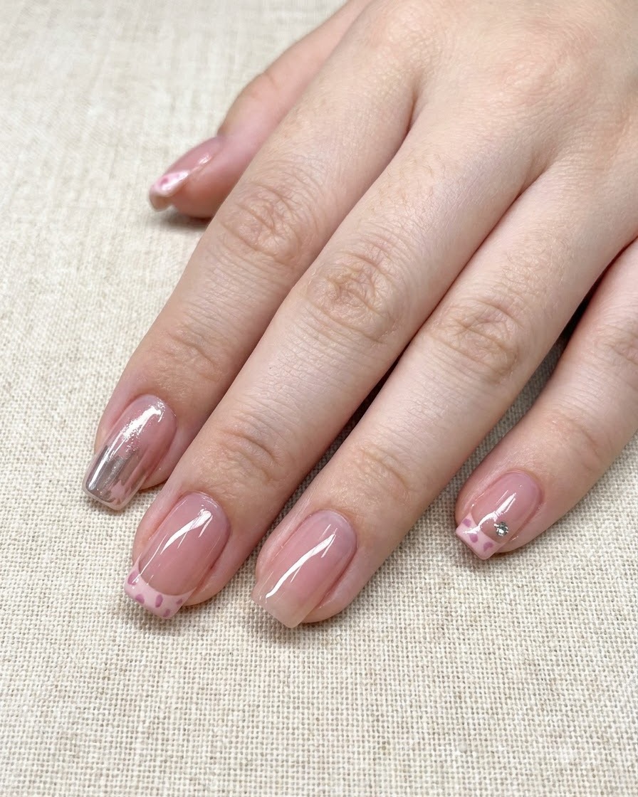 Una mano che mostra la nail art completata con French e macchie leopardate dopo lapplicazione del top coat.
