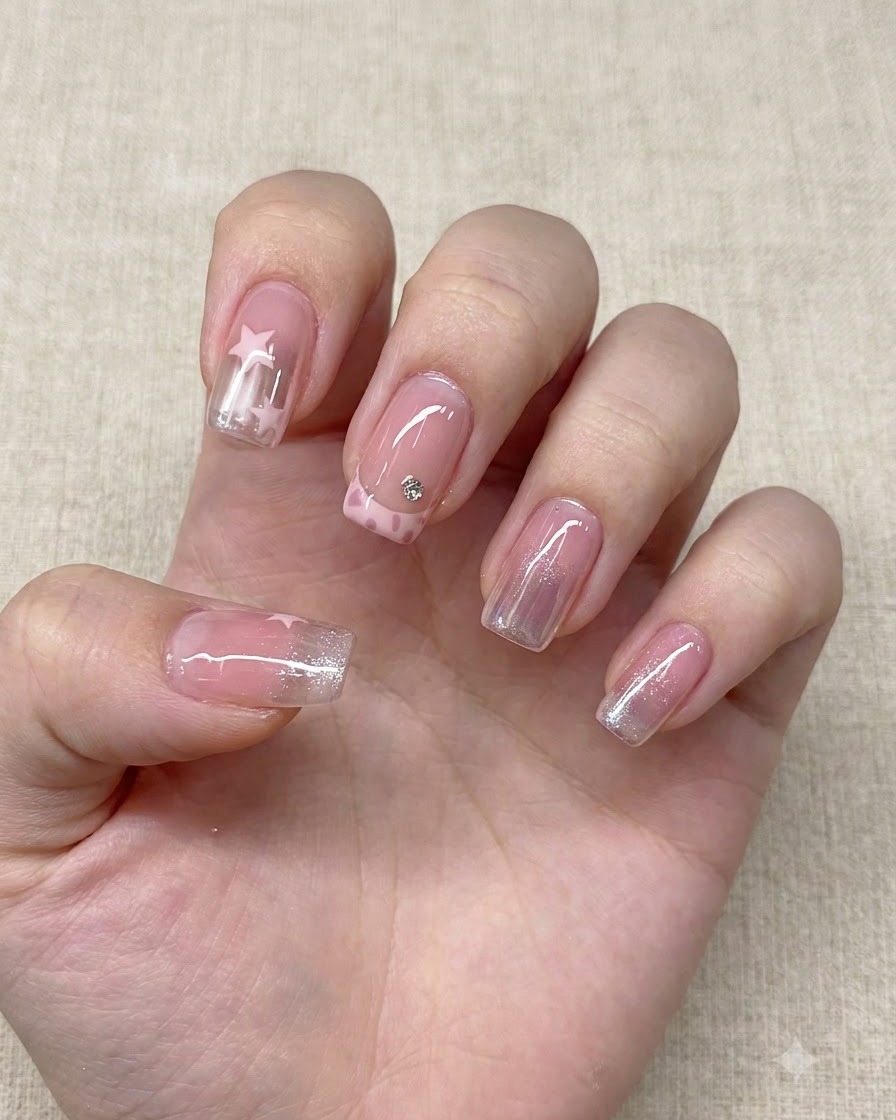 Un pennello sottile per nail art disegna minuscole stelle rosa sopra ununghia lucida sfumata.