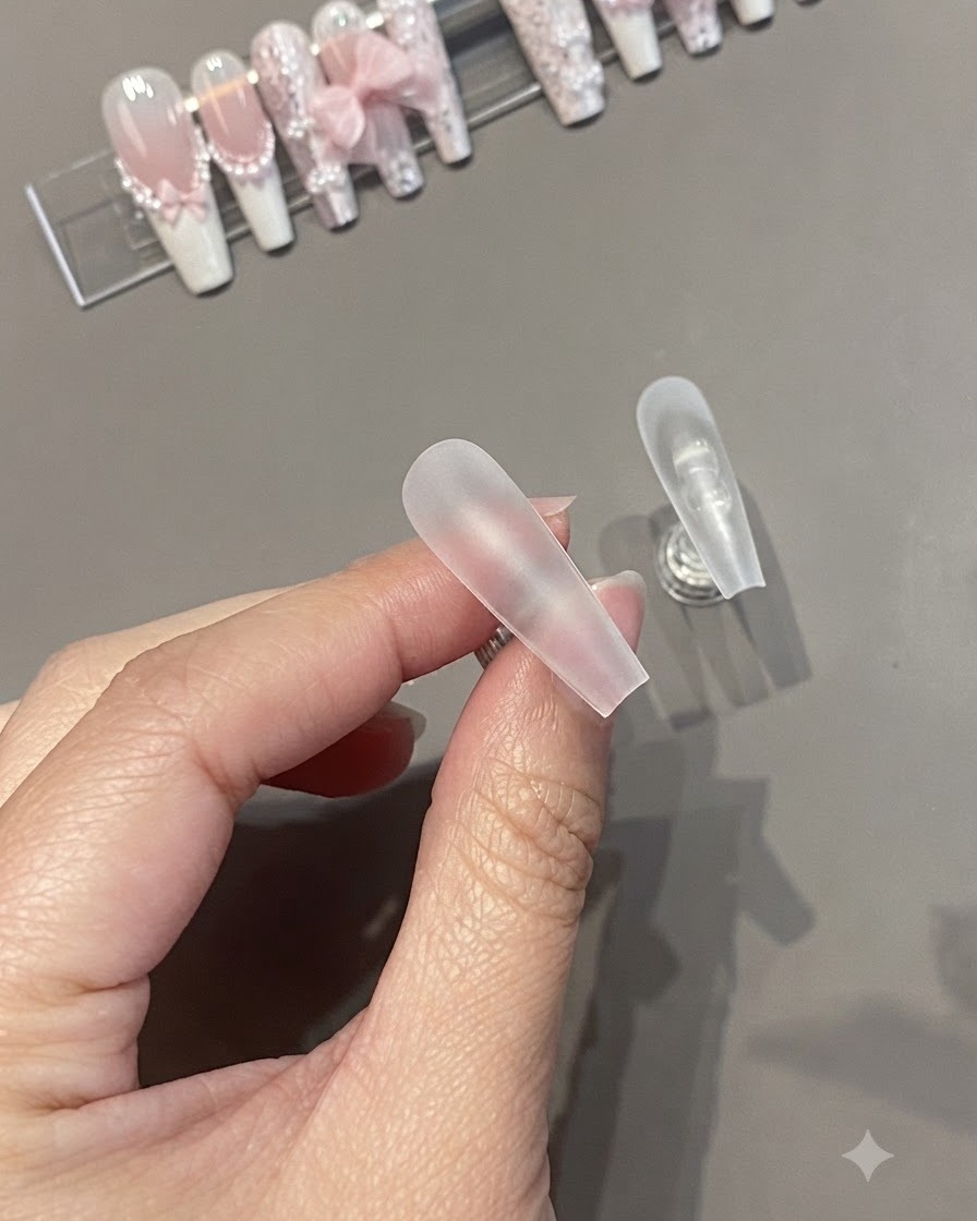 Primo piano di mani che tengono una superficie di unghia artificiale smerigliata per prepararla allapplicazione dello smalto.