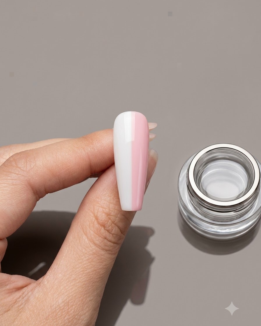 Ununghia press-on metà bianca e metà rosa tenuta da dita con un barattolo di gel trasparente accanto.
