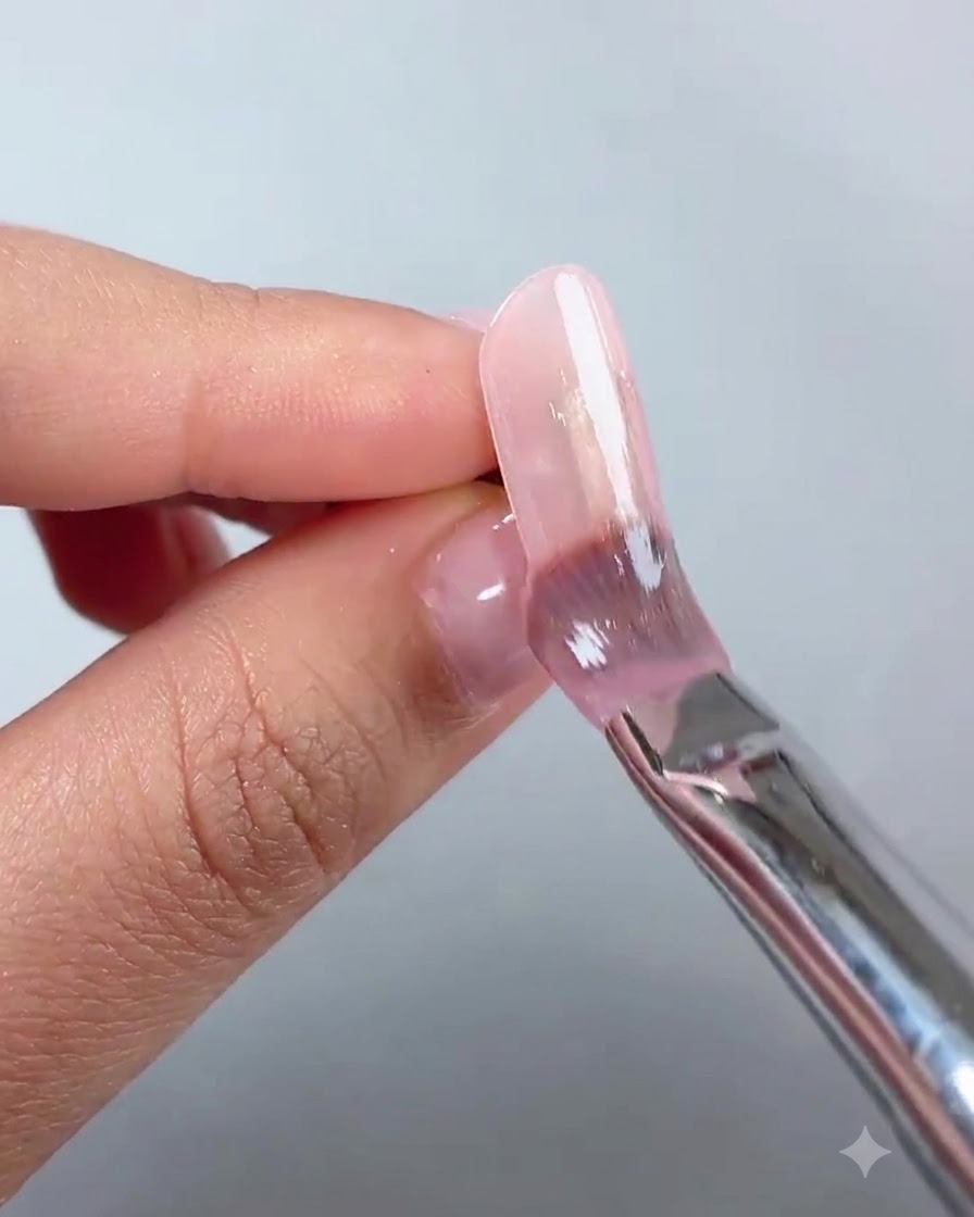 Una vista ravvicinata di un dito che mostra una base coat rosa nude polimerizzata, liscia e lucida su ununghia allungata.