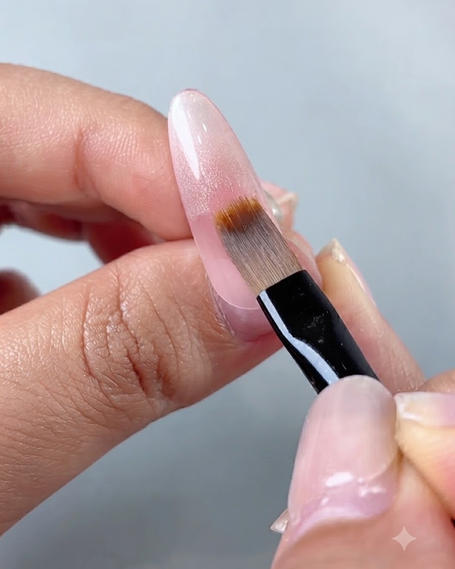 Un pennello professionale per unghie tenuto a unangolazione di 45 gradi sfuma il gel semipermanente lungo la lunghezza di ununghia allungata.