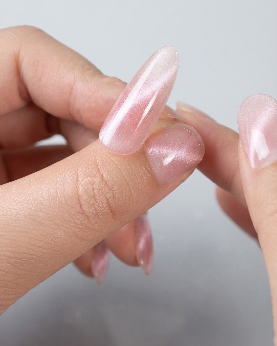 Una vista ravvicinata di unghie cat-eye finite che mostrano unampia e luminosa fascia di riflessione della luce su superfici rosa lucide.