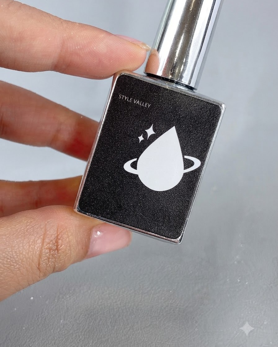 Una bottiglia di top coat con unetichetta brandizzata posizionata vicino a una mano manicurata.