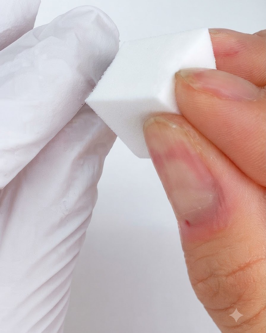 Una spugnetta cosmetica bianca premuta contro ununghia per diffondere il gel bianco in una forma circolare morbida.