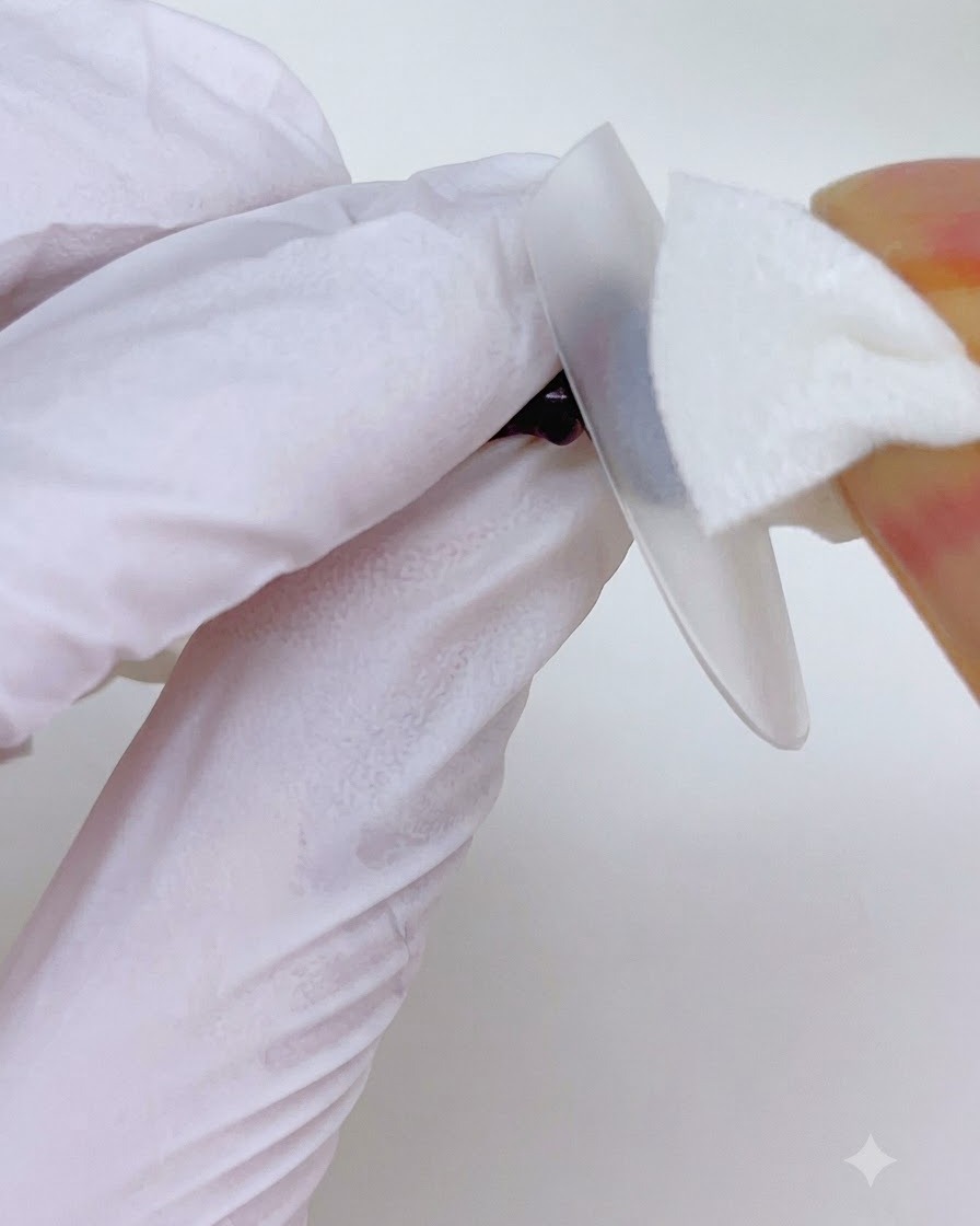 Pulizia della superficie di ununghia con un pad detergente privo di pelucchi durante il processo di applicazione.