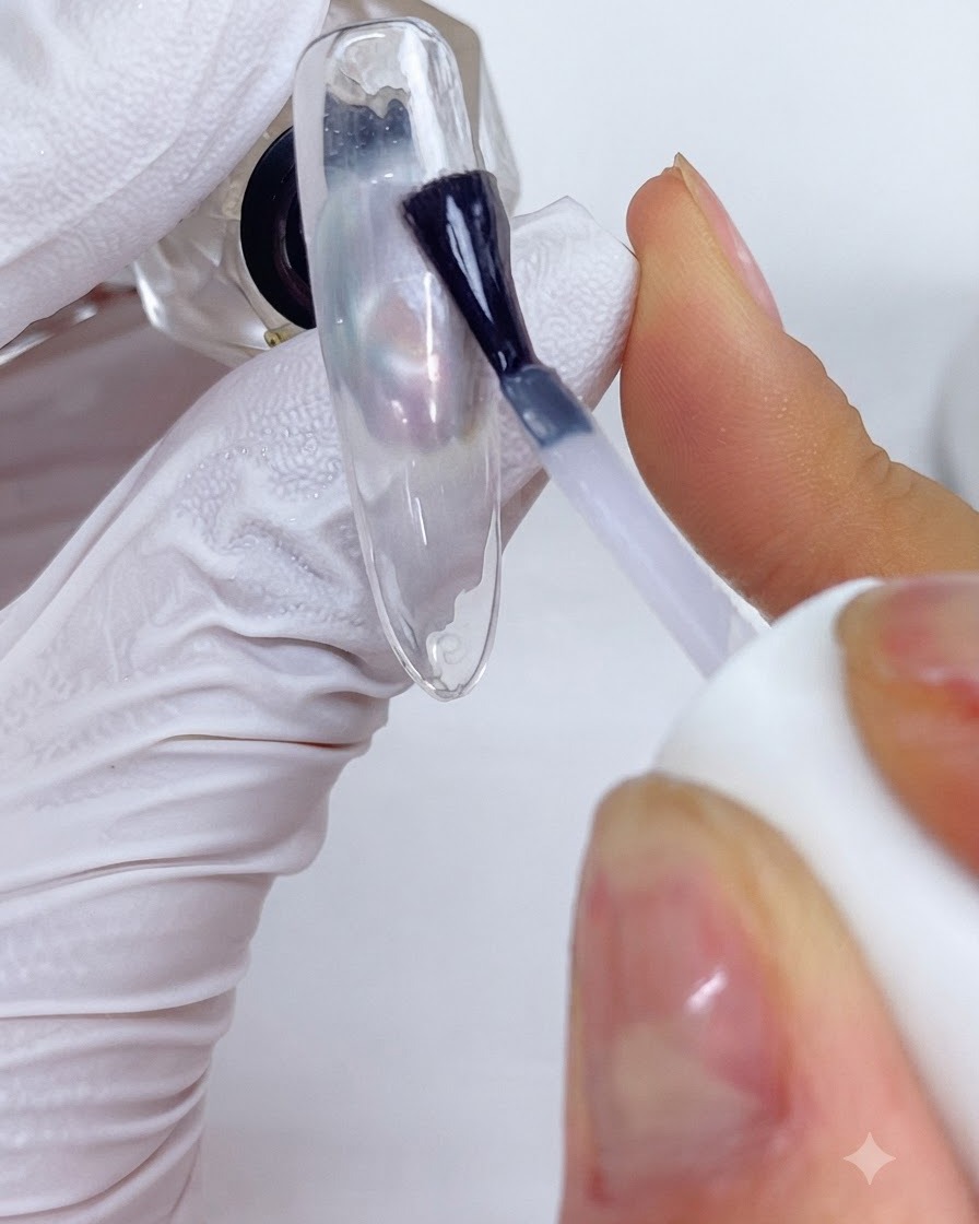 Un pennello applicatore che deposita la polvere perlata LP03 sulle aree nei toni del blu della nail art.