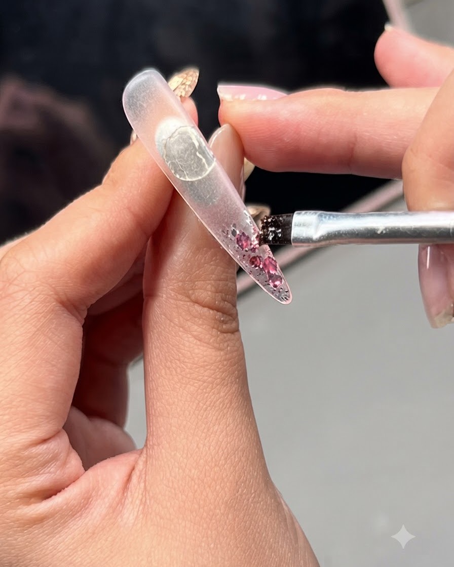 Un pennello che distribuisce fiocchi di glitter rosa su unestensione per unghie trasparente.