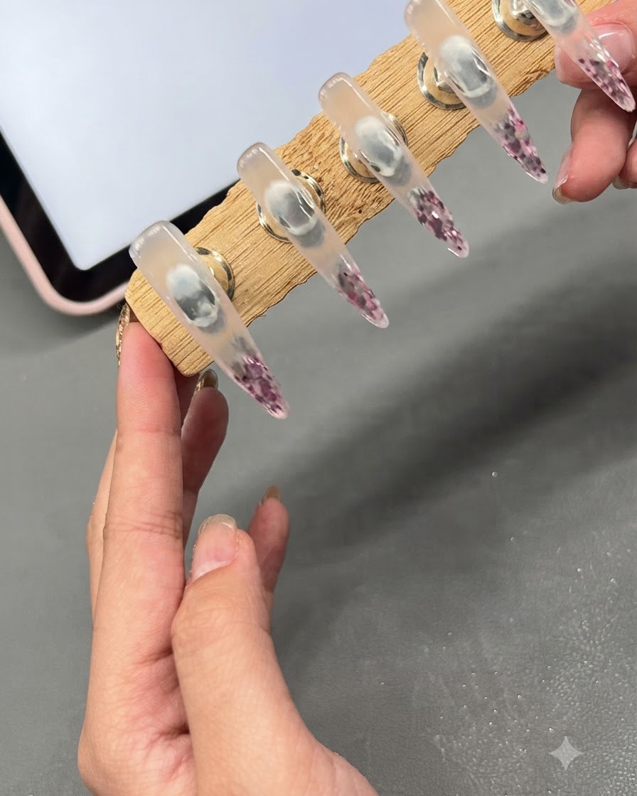 Una mano che tiene un supporto per unghie in legno capovolto per consentire al gel di livellarsi.