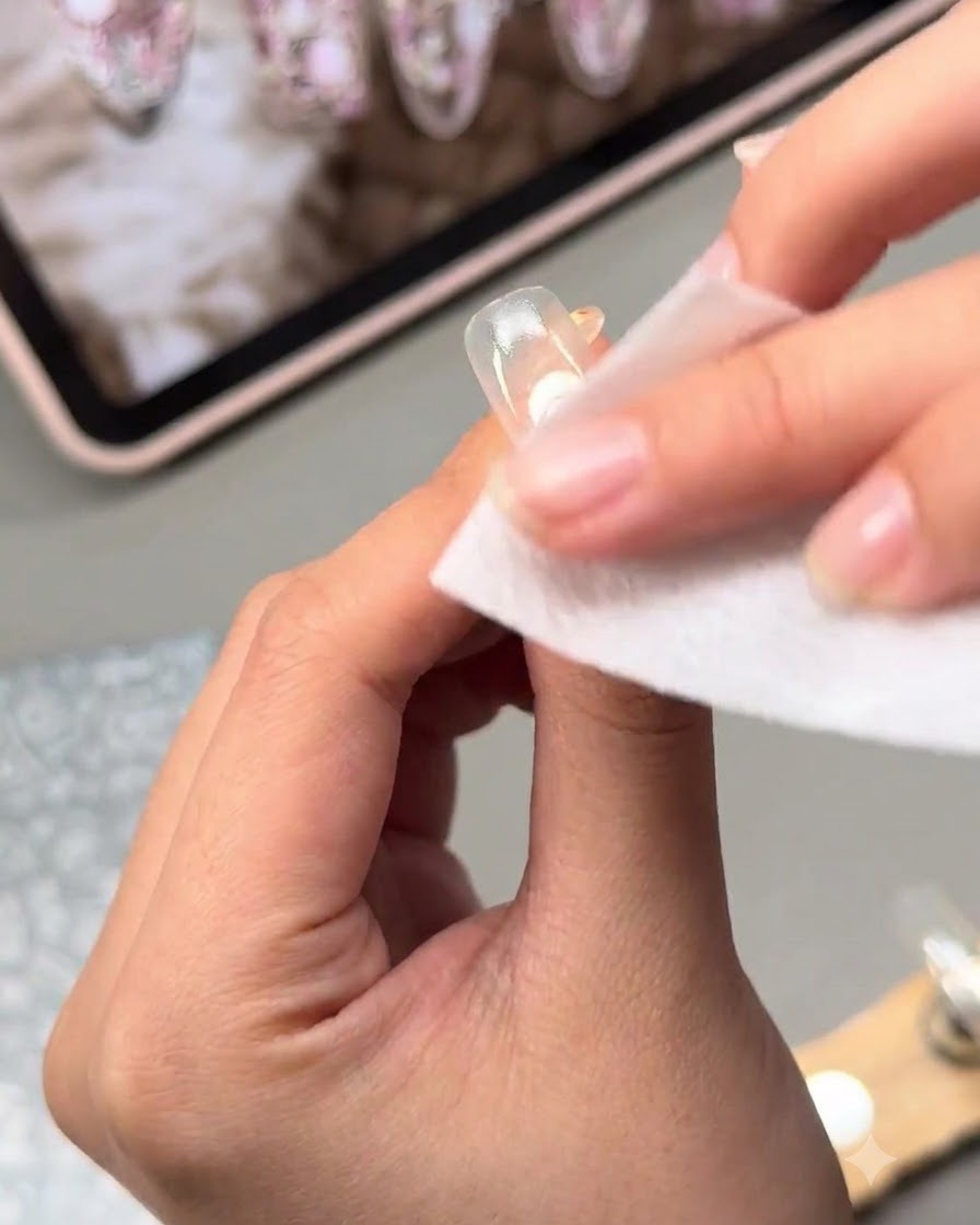 Un solvente privo di pelucchi che pulisce i residui appiccicosi dalla superficie di ununghia.