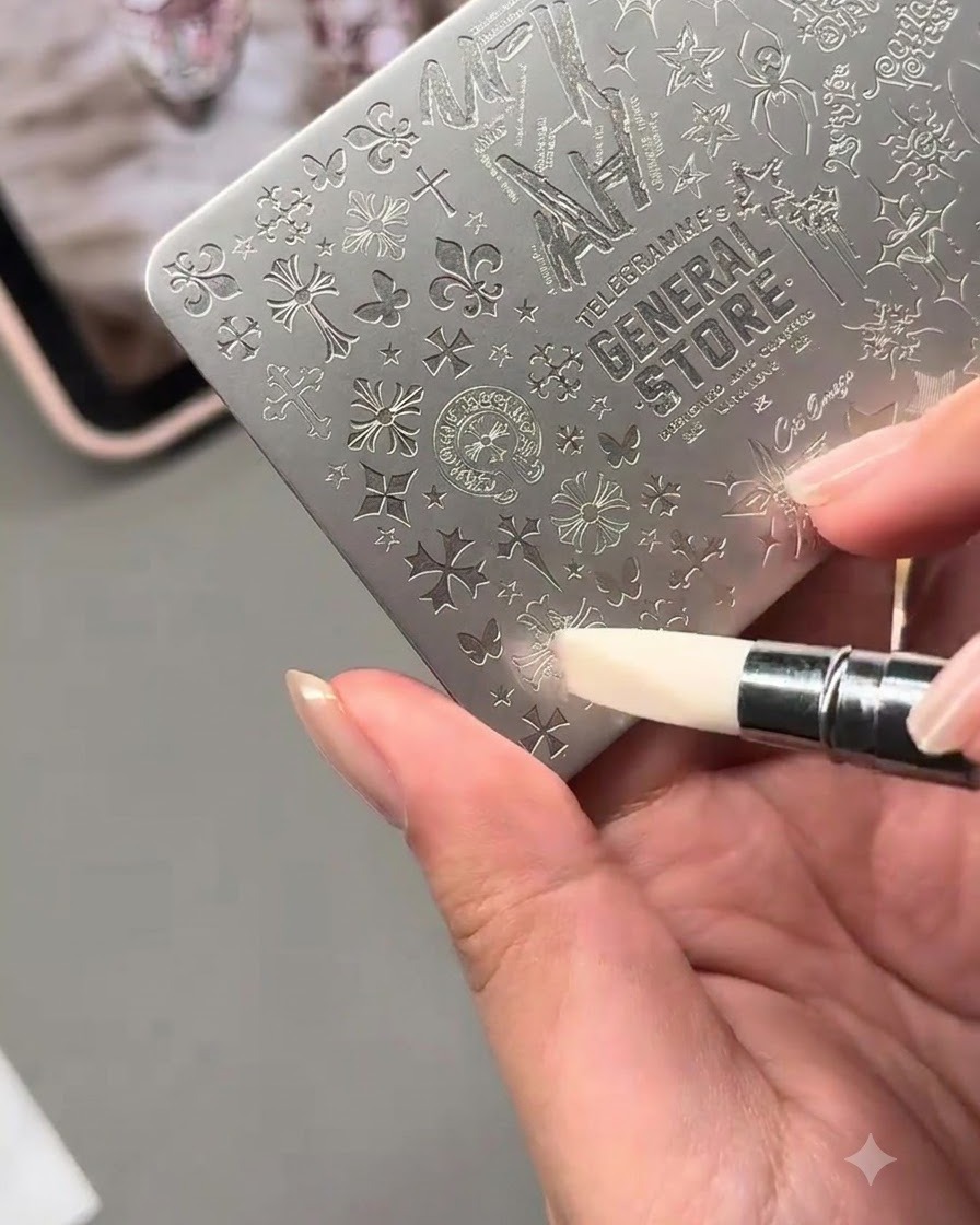 Uno strumento che raschia lo smalto in eccesso da una piastra di stamping metallica dettagliata.