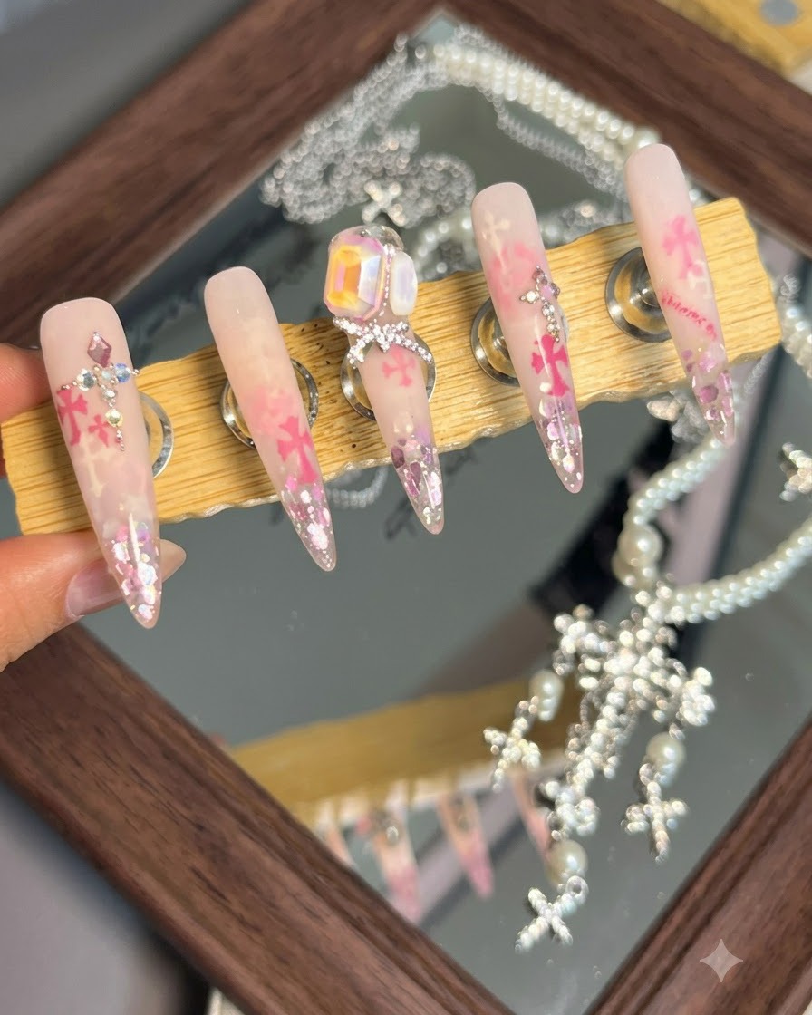 Un primo piano di unghia decorata con un grande cristallo centrale e piccole sfere dacciaio metalliche posizionate ordinatamente attorno alla sua base.