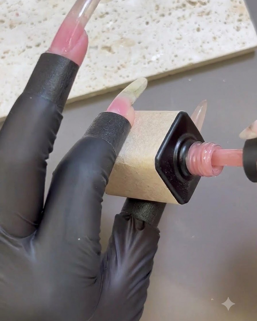 Una mano guantata che stende il gel base rosa nude su una forma per extension unghie.