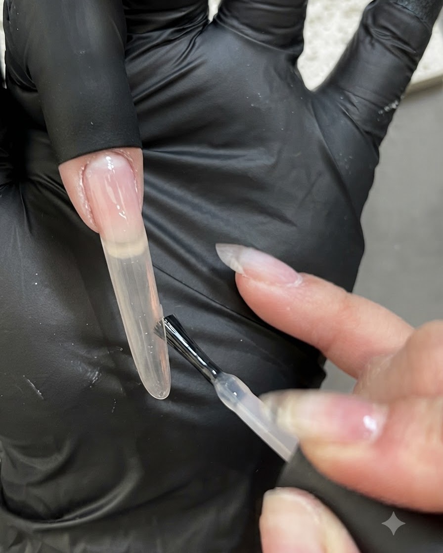 Primo piano di un pennello che applica un secondo strato più spesso di gel rosa nude su unextension unghia.