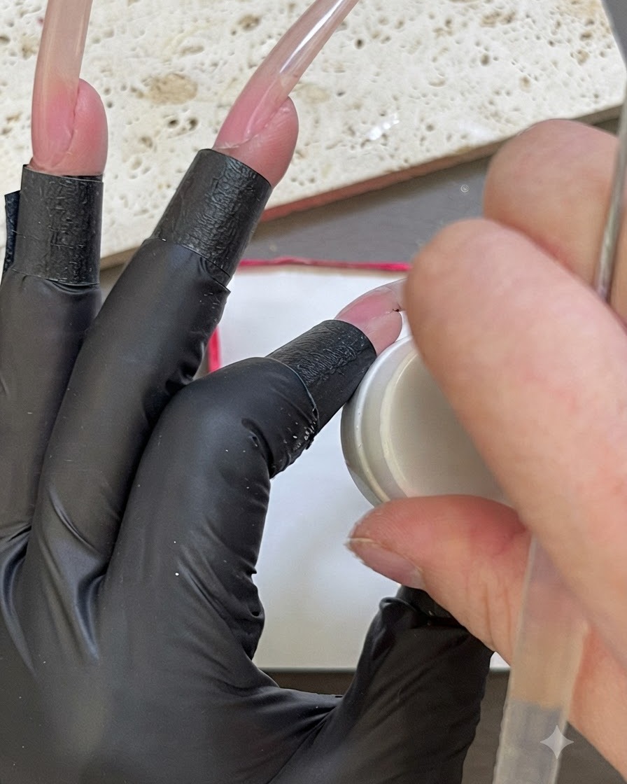 Una mano guantata che tampona una spugnetta bianca su un piccolo contenitore di gel bianco.