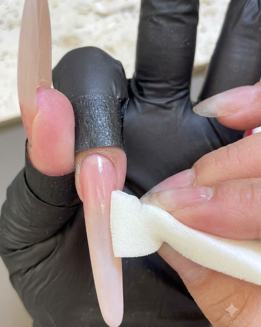 Una spugnetta che tampona il gel bianco sulla punta di unextension unghia con base rosa per formare un gradiente ombré.