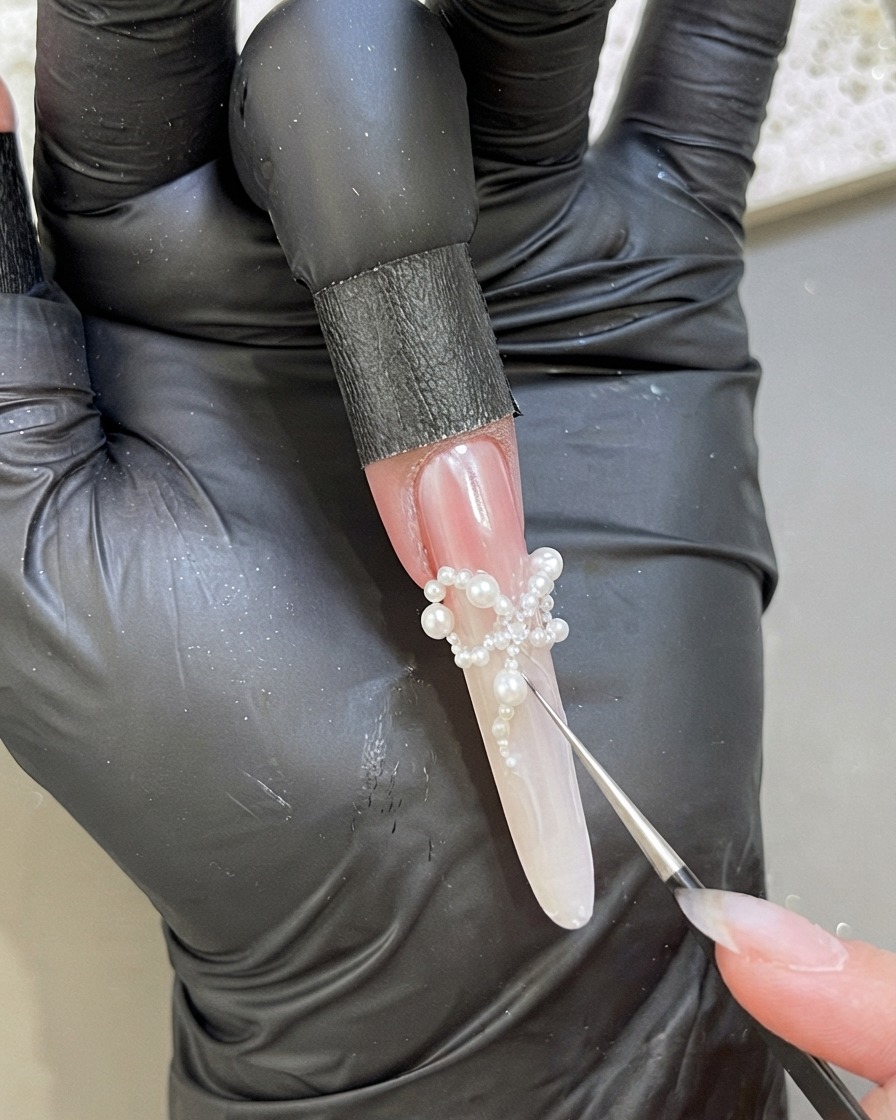 Una mano guantata che usa pinzette fini per posizionare piccole perle bianche su ununghia allungata per formare la forma di un fiocco a farfalla.