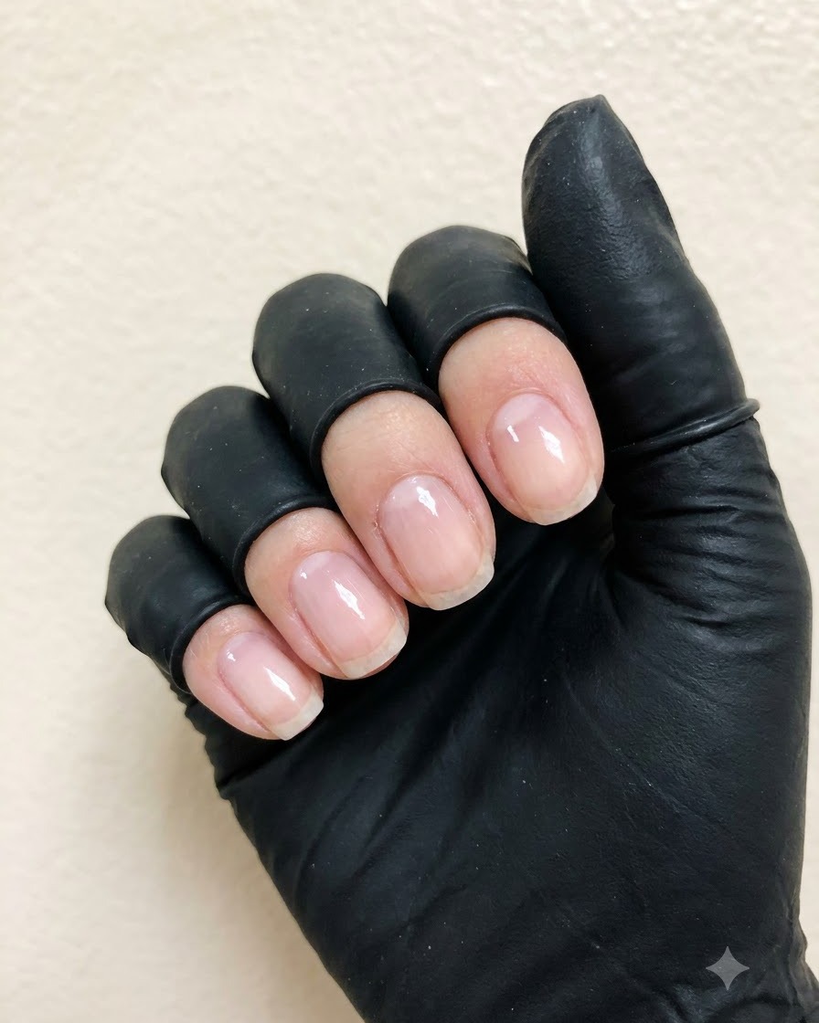 Un pennello per gel piatto che applica uno strato sottile e trasparente di base su ununghia naturale.