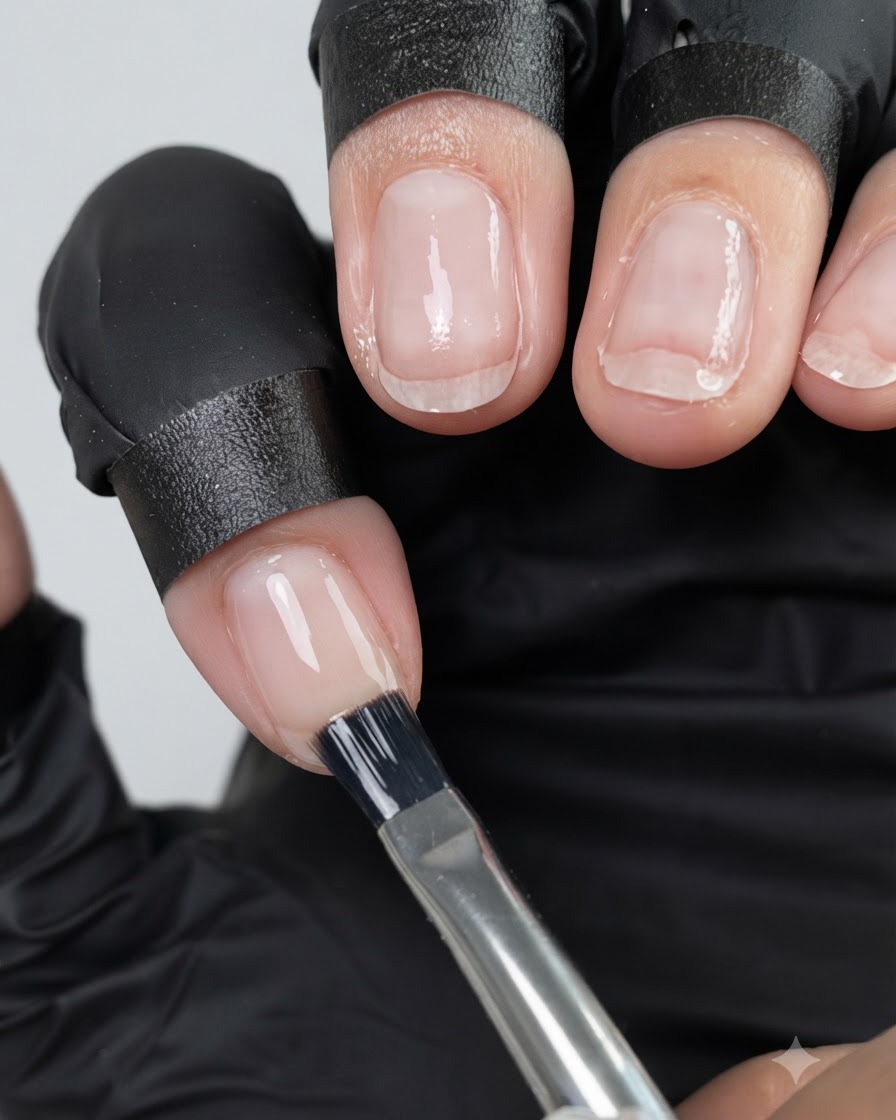 Un pennello che applica uno smalto gel nude traslucido in modo uniforme sulla superficie di ununghia.