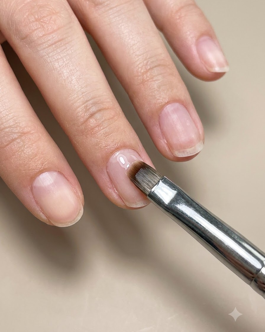 Una spugnetta cosmetica che tampona il colore sul bordo di ununghia per formare un gradiente ombre.
