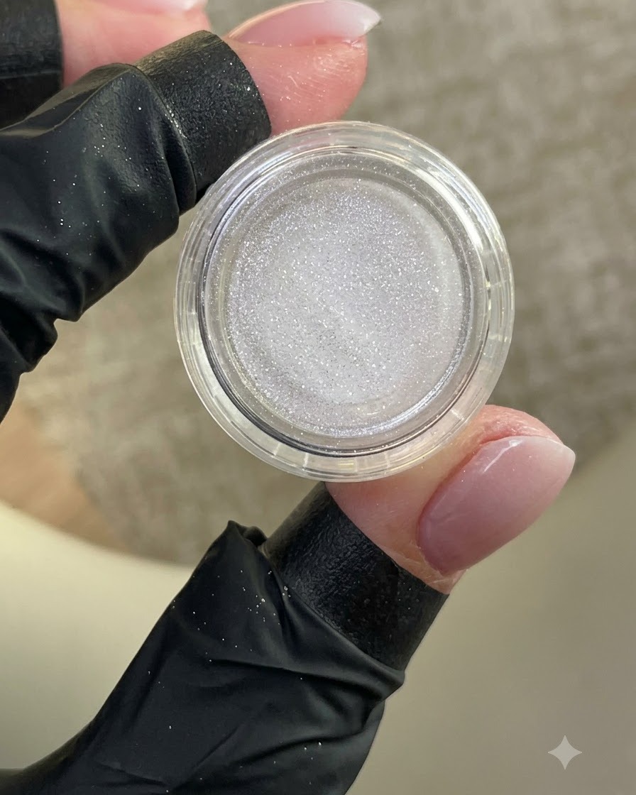 Una mano guantata che regge un piccolo barattolo aperto di polvere bianca brillante con ununghia curata in vista.