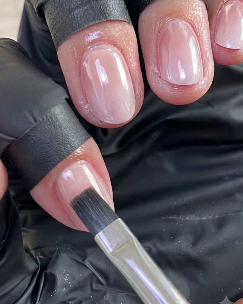 Un pennello per unghie che applica accuratamente uno strato trasparente di gel rinforzante su ununghia curata.