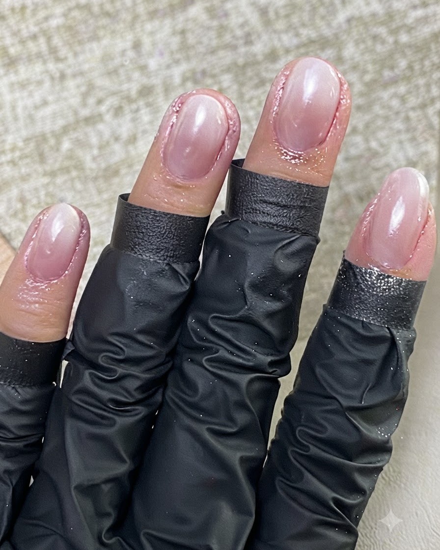 Un pennello per unghie che applica un top coat liscio e lucido su una manicure completata.