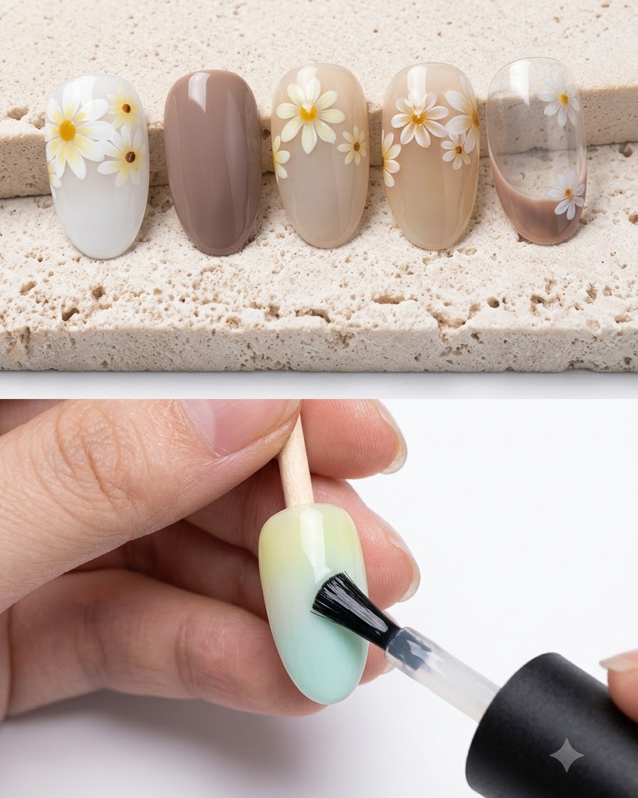 Un pennello applica lo smalto gel bianco latte sulla superficie di una tip per unghie.
