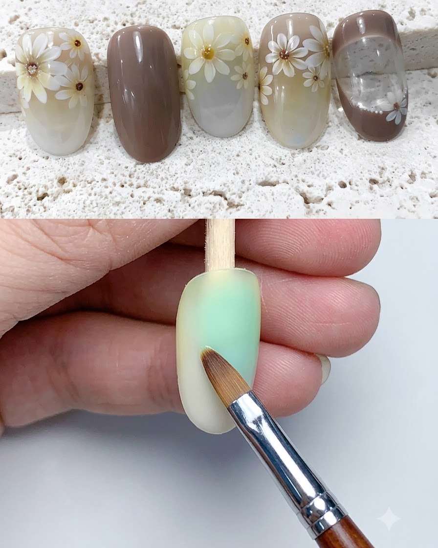 Un pennello applica un top coat opaco sulla superficie polimerizzata dellunghia.