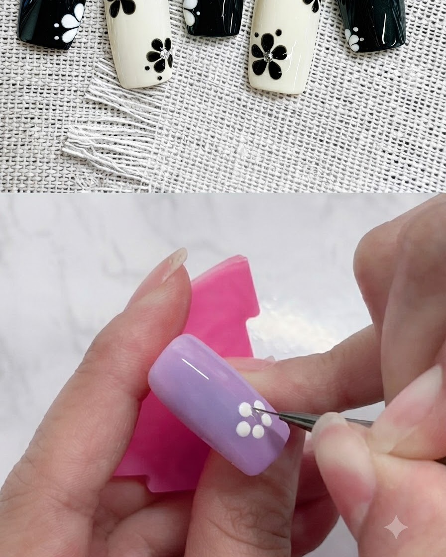 Un pennello liner sottile che rifinisce i bordi delle forme dei petali bianchi su ununghia viola.