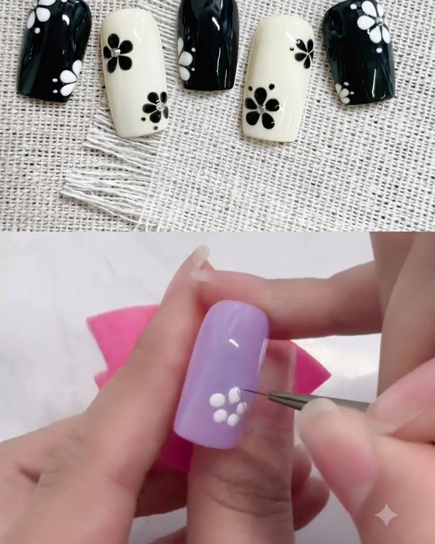 Primo piano di mani che regolano una punta di unghia viola per pratica su un supporto rosa.