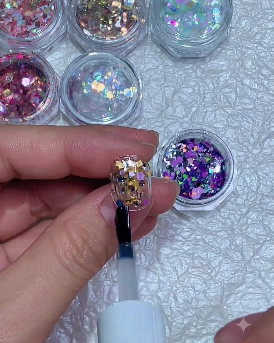 Un pennello che applica una mano trasparente di gel sui glitter incorporati su ununghia.
