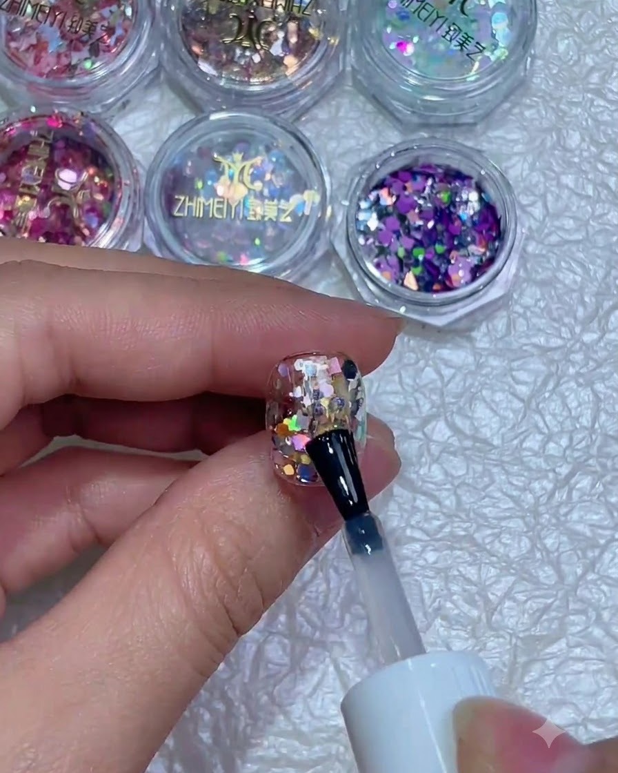 Un pennello per unghie che applica un top coat trasparente e lucido effetto vetro su ununghia con glitter incorporati e un adesivo.
