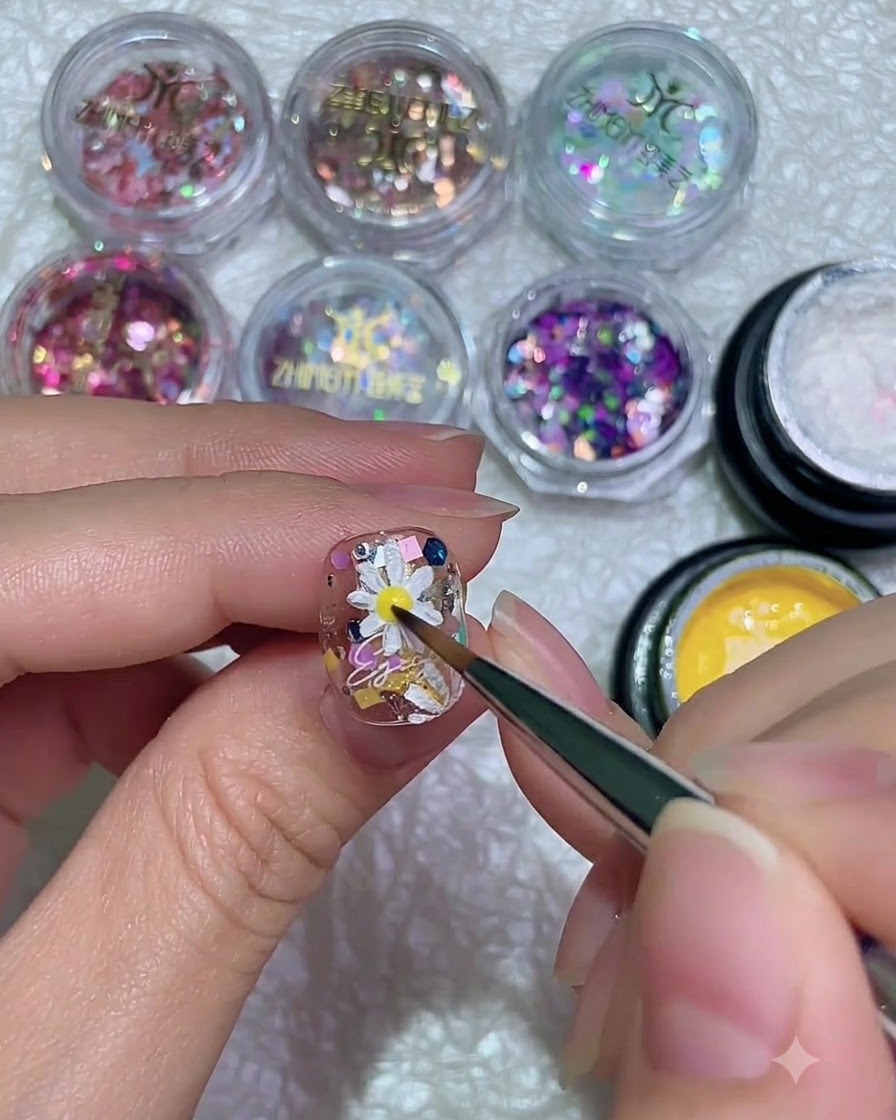 Un pennello fine che applica un punto di gel giallo brillante al centro esatto di un design di nail art con margherita bianca 3D.