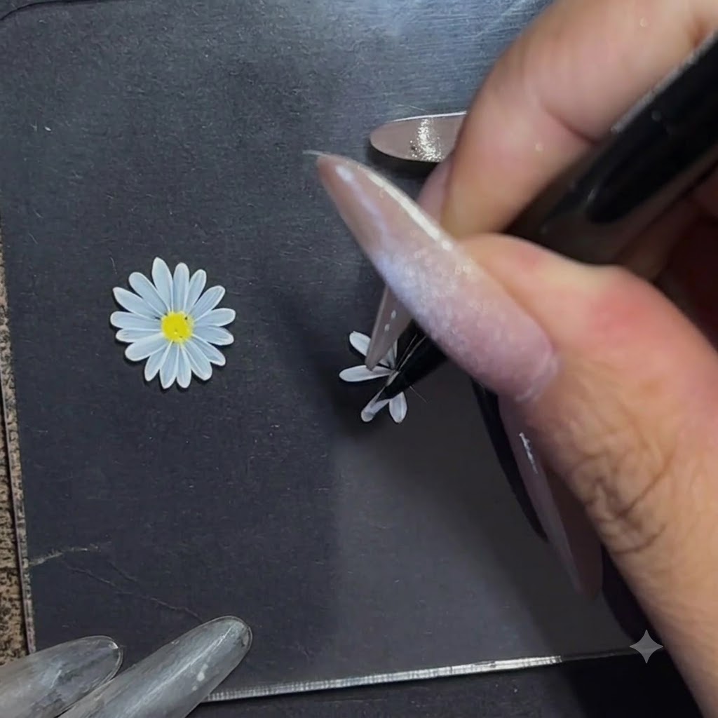 Una mano che ruota una tavoletta di pratica mentre dipinge dettagliati petali esterni con un pennello fine.