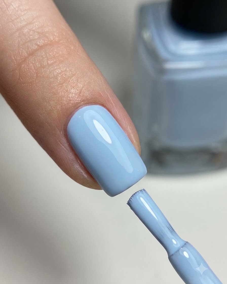 Un dito con smalto gel grigio-blu polimerizzato accanto alla bottiglietta di smalto gel corrispondente.