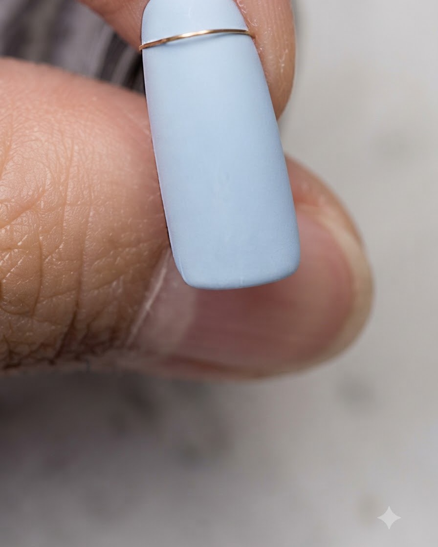 Un pennello liner sottile che disegna una sottile linea orizzontale dorata sulla parte superiore di ununghia blu.