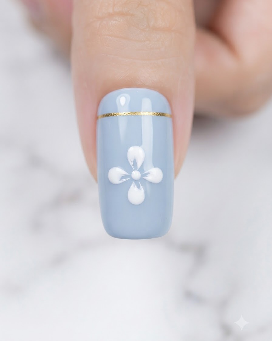 Un pennello liner sottile che tira il gel bianco verso linterno dai puntini esterni per formare i petali dei fiori su ununghia.