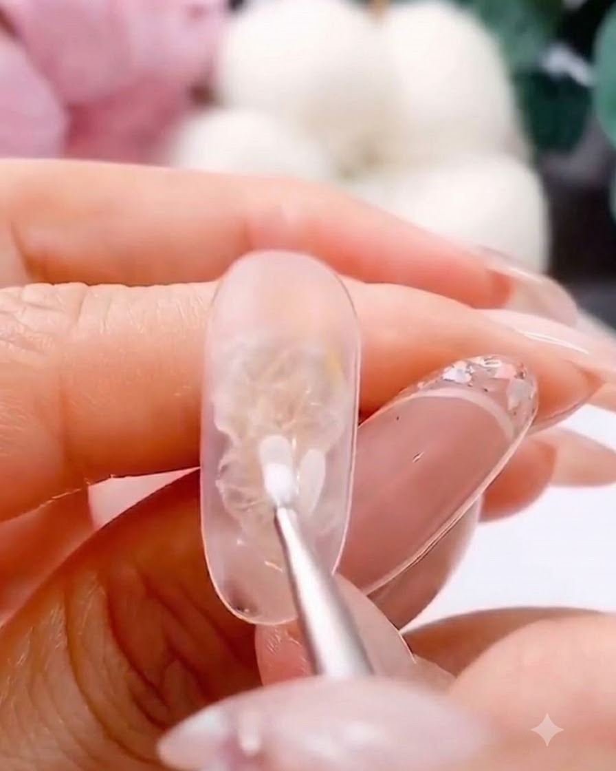 Un pennello sottile applica un petalo in gel bianco su unestensione per unghie trasparente.