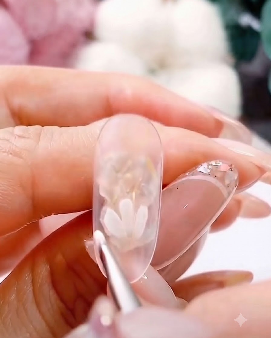 Un pennello liner sottile aggiunge altri petali bianchi per formare una margherita completa su ununghia trasparente.