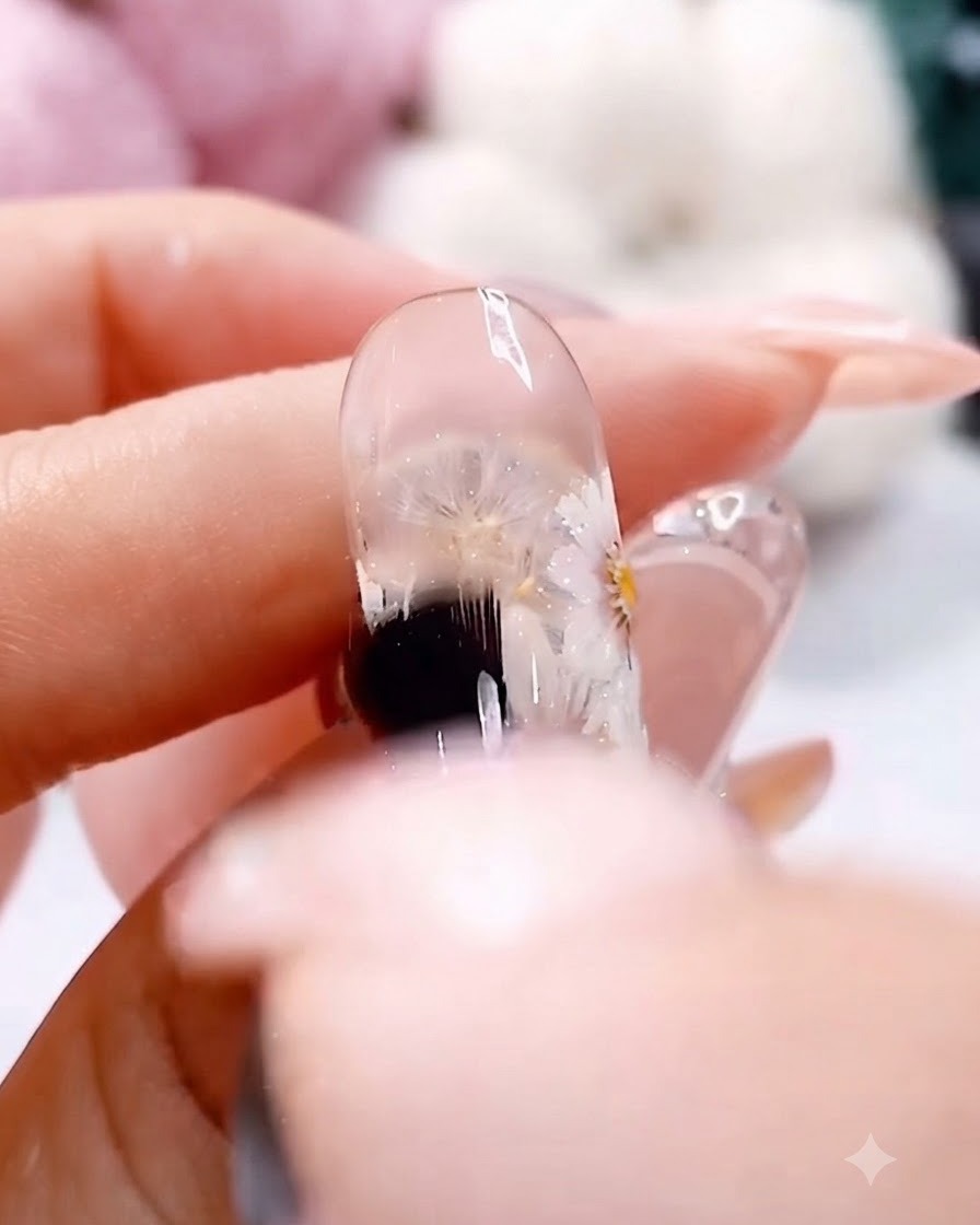 Un pennello per gel trasparente applica un lucido omogeneo di top coat no-wipe su un design di margherite bianche dipinte a manocite: 1.