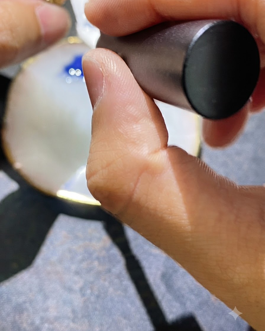 Un primo piano di una mano che applica una base di smalto gel bianco sulla superficie di ununghia.