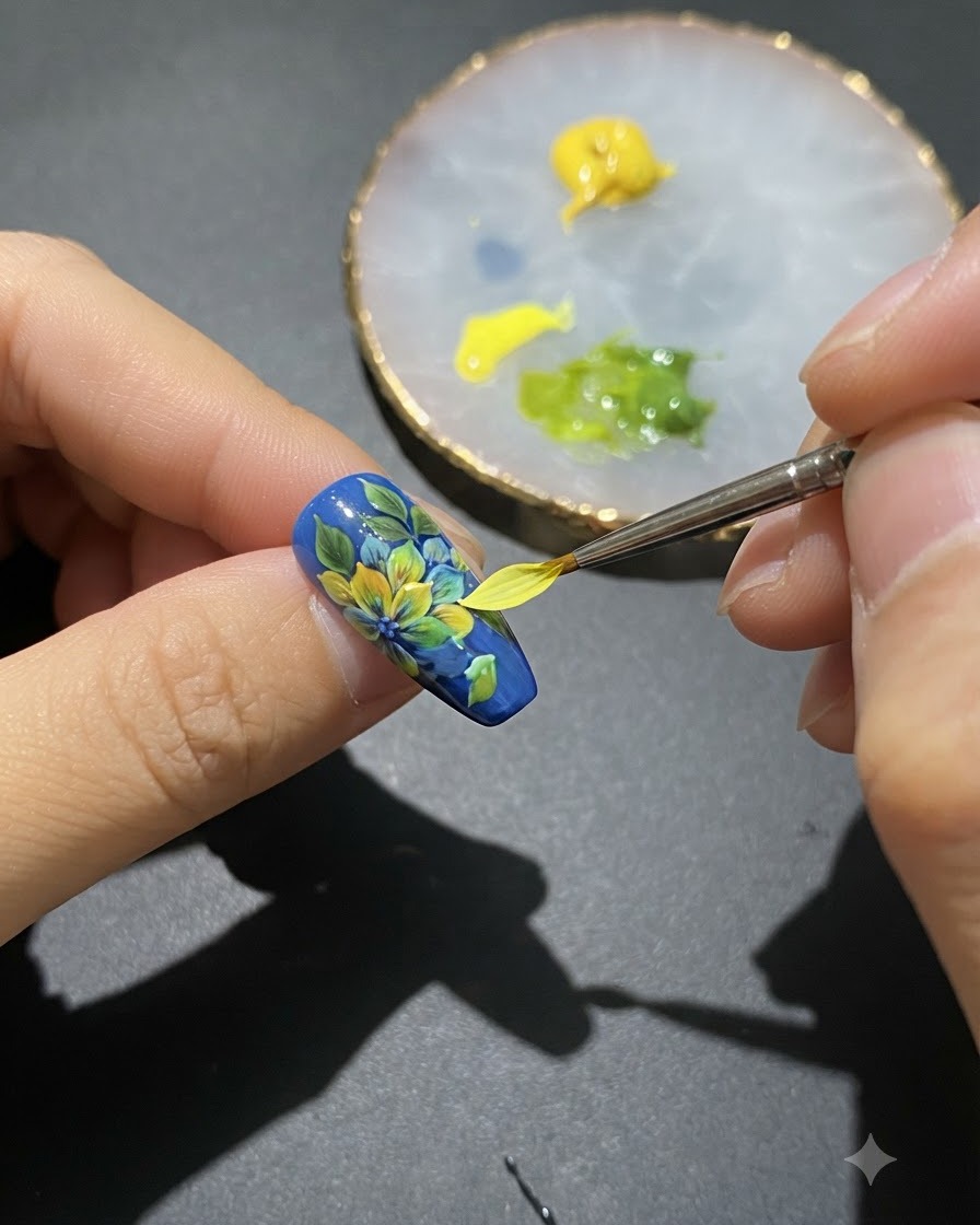Un pennello liner che disegna sottili gambi verdi sulla superficie dellunghia dipinta.